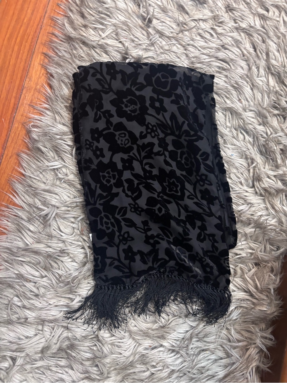 Vintage Silk Black Floral Velvet Burnout Scarf Fringed Boho Gothic Romantic - Picture 4 of 5